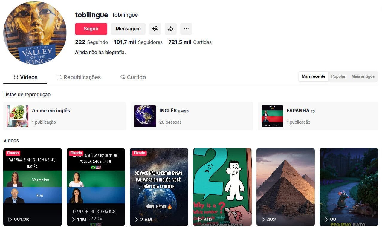 TikTok à venda – Bilingue (Inglês e epanhol) | 101 mil seguidores