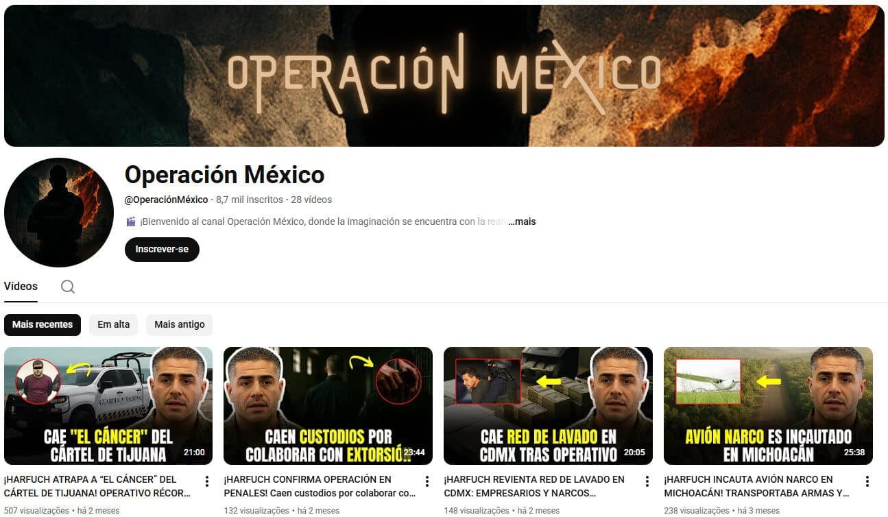 Canal no YouTube – Operación México (Crime e Notícias) – 8 mil inscritos