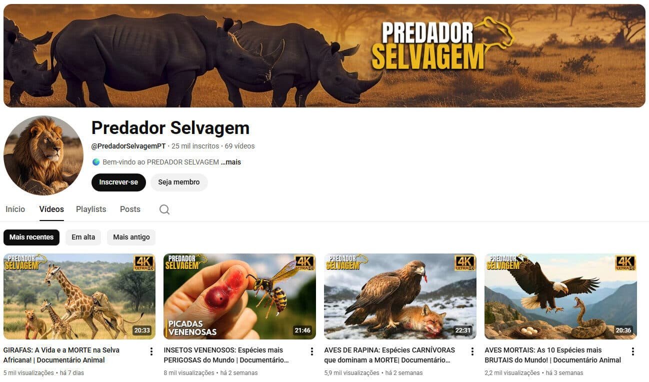 Canal no YouTube com 25 mil inscritos – Predador Selvagem (Documentários de Natureza)