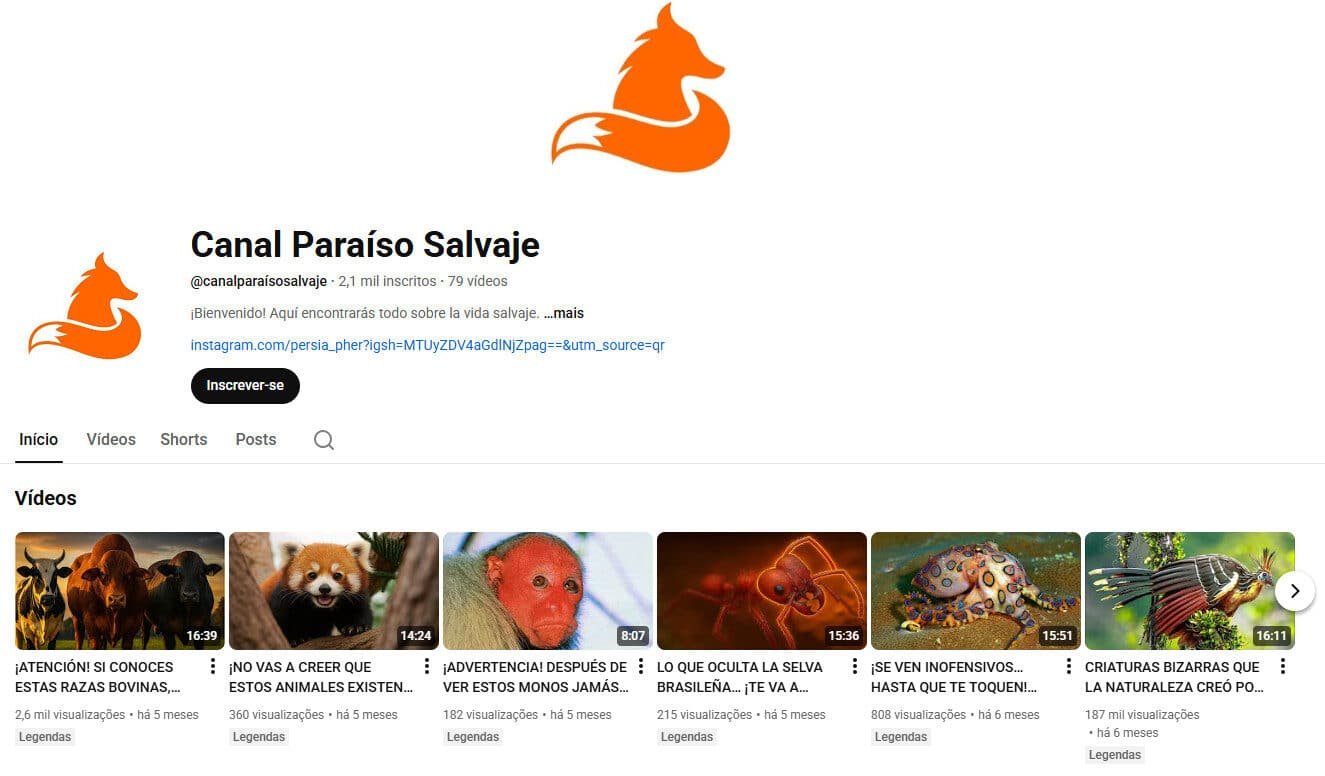 Canal no YouTube à Venda – Canal Paraíso Salvaje (Vida Selvagem e Natureza)