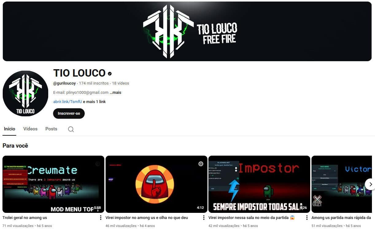 Canal no YouTube à Venda – TIO LOUCO (Gaming e Free Fire/Among Us) 174 mil inscritos – Não monetizado