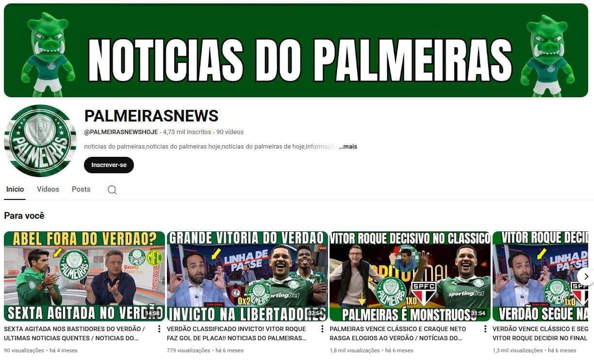 Canal no YouTube à Venda – PALMEIRASNEWS (Notícias do Palmeiras) – Não Monetizado