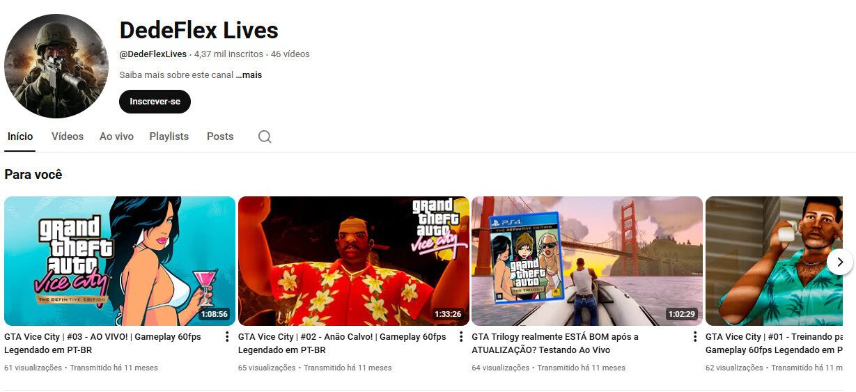 Canal no YouTube – DedeFlex Lives (Gaming e Lives de GTA)