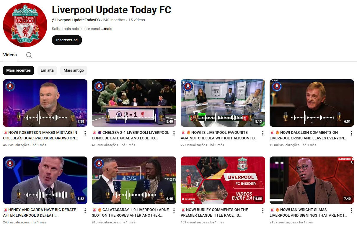 Canal no YouTube à Venda – Liverpool Update Today FC (Futebol Inglês) – não monetizado
