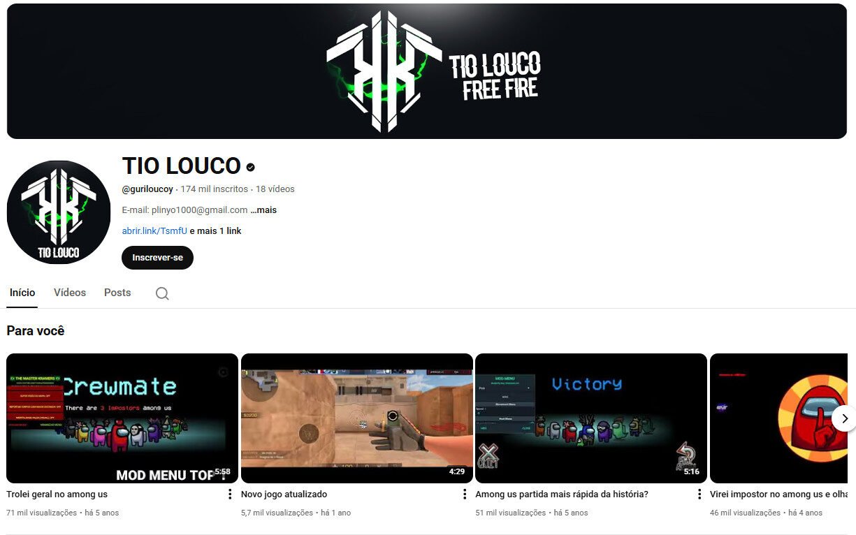 Canal no YouTube à Venda – TIO LOUCO (Gaming e Free Fire) – não monetizado 174 mil inscritos