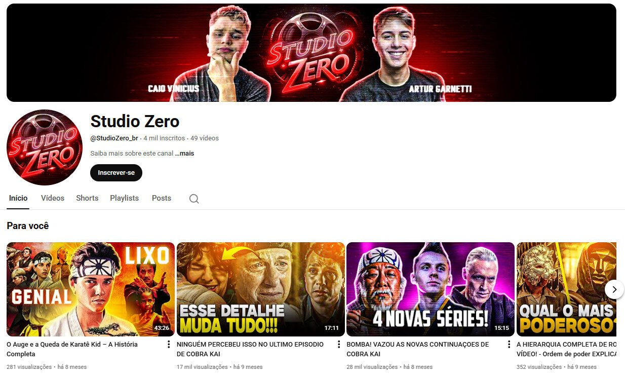Canal no YouTube à Venda – Studio Zero (Cobra Kai/Cultura Pop) – não monetizado 4 mil inscritos