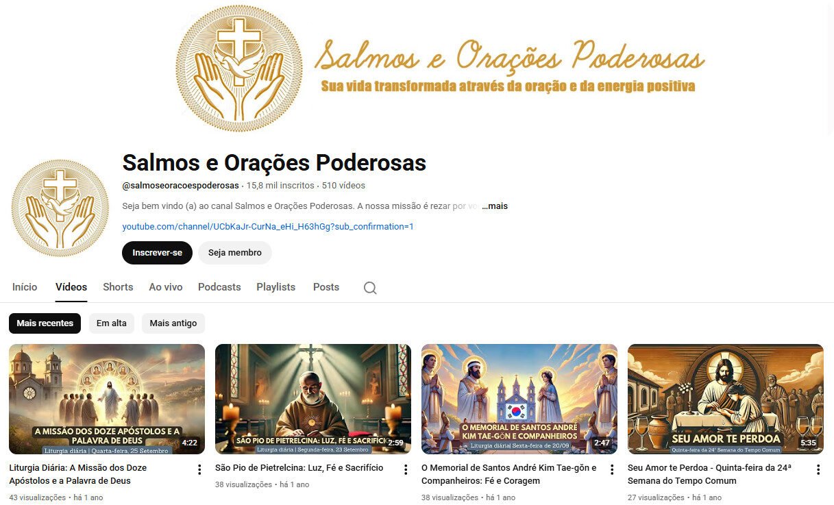 Canal no YouTube à Venda 15 mil inscritos – Salmos e Orações Poderosas – não monetizado