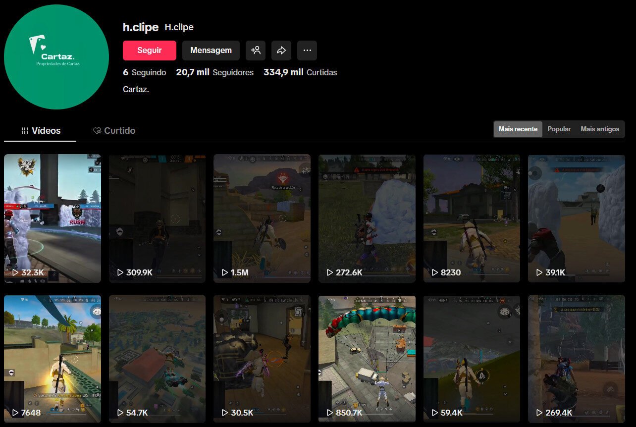 Perfil no tiktok – Cortes de vídeos de free fire 20 mil inscritos