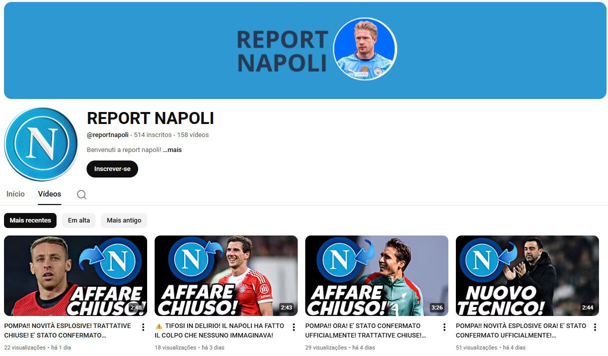 Canal no YouTube à Venda – REPORT NAPOLI (Futebol Italiano) – não monetizado