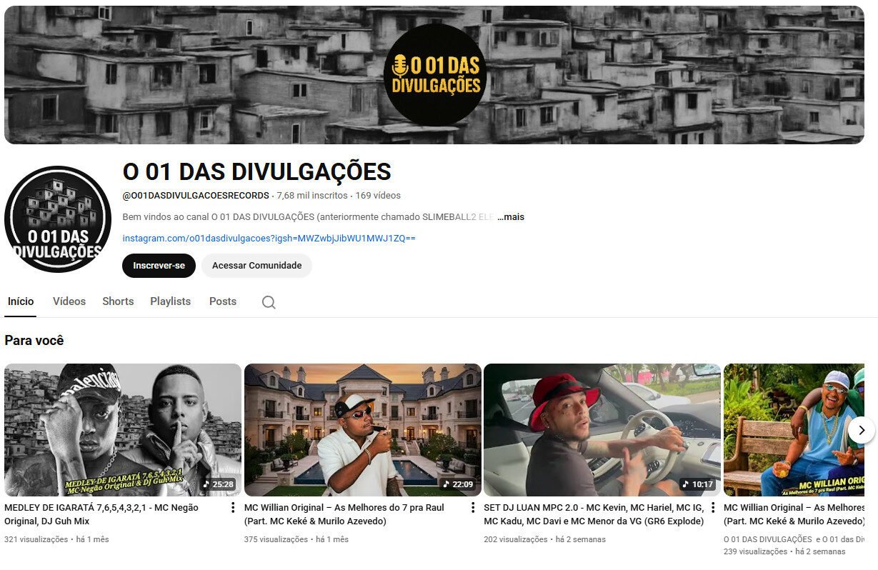 Canal no YouTube à Venda – O 01 DAS DIVULGAÇÕES (Música Funk/Trap) – não monetizado 7 mil inscritos