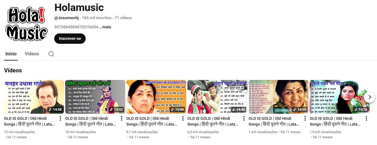 Youtube Não Monetizado – 185 mil inscritos Música Indiana Antiga