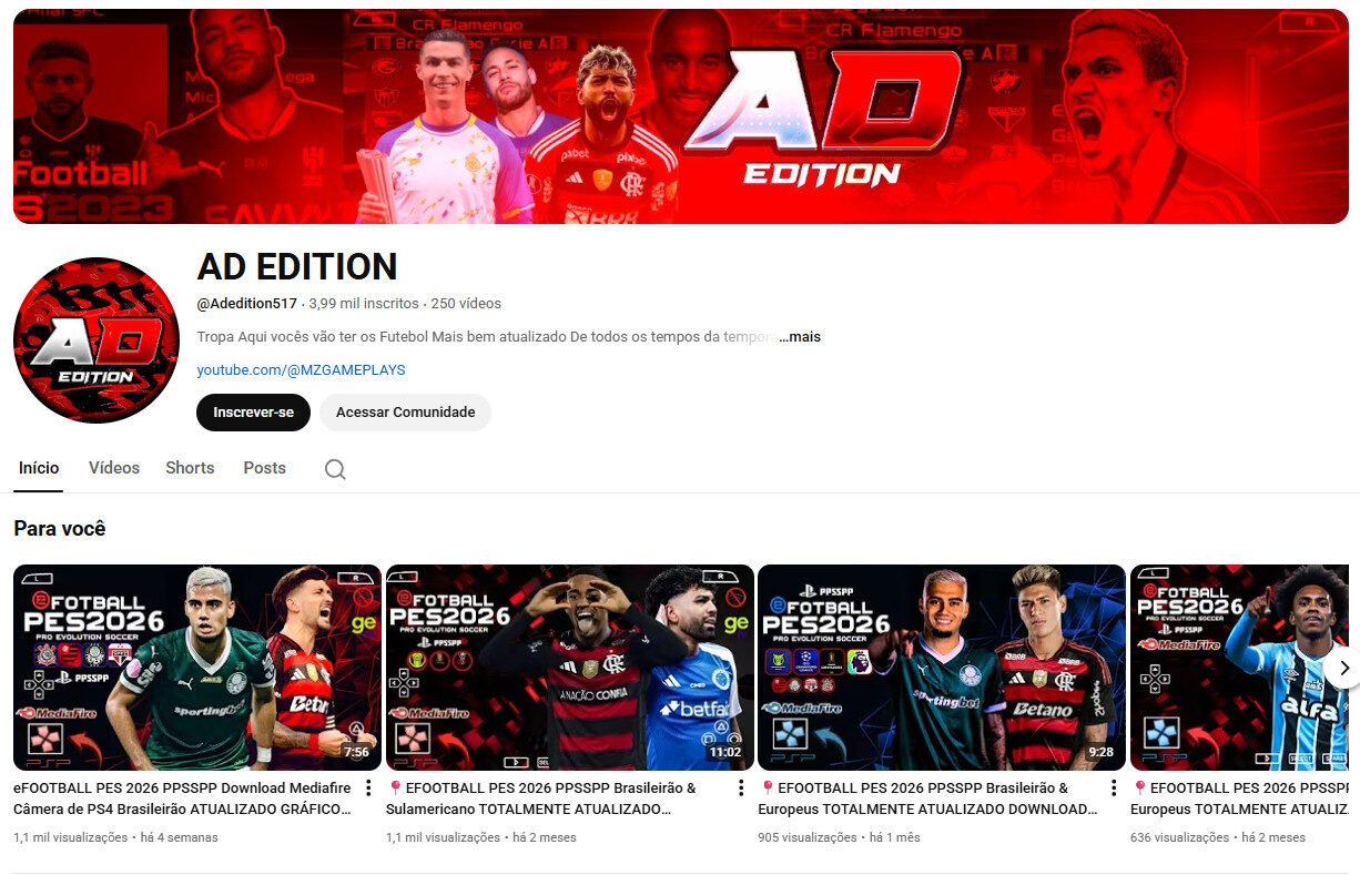 Canal no YouTube à Venda – AD EDITION (eFootball/PES e Futebol) – não monetizado 3 mil inscritos