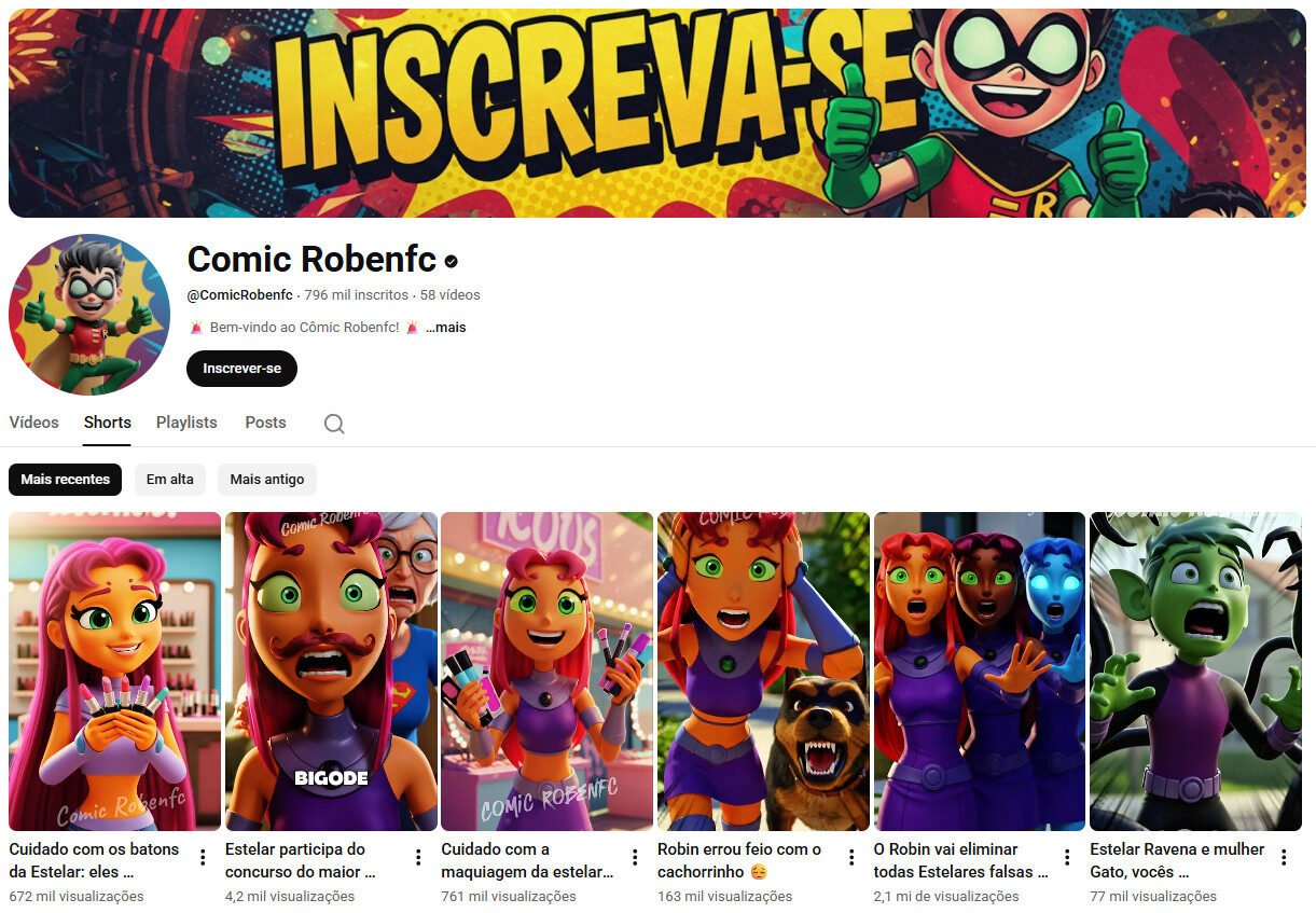 Canal no YouTube à Venda – 796 mil inscritos Comic Robenfc (Animação e Humor) – não monetizado