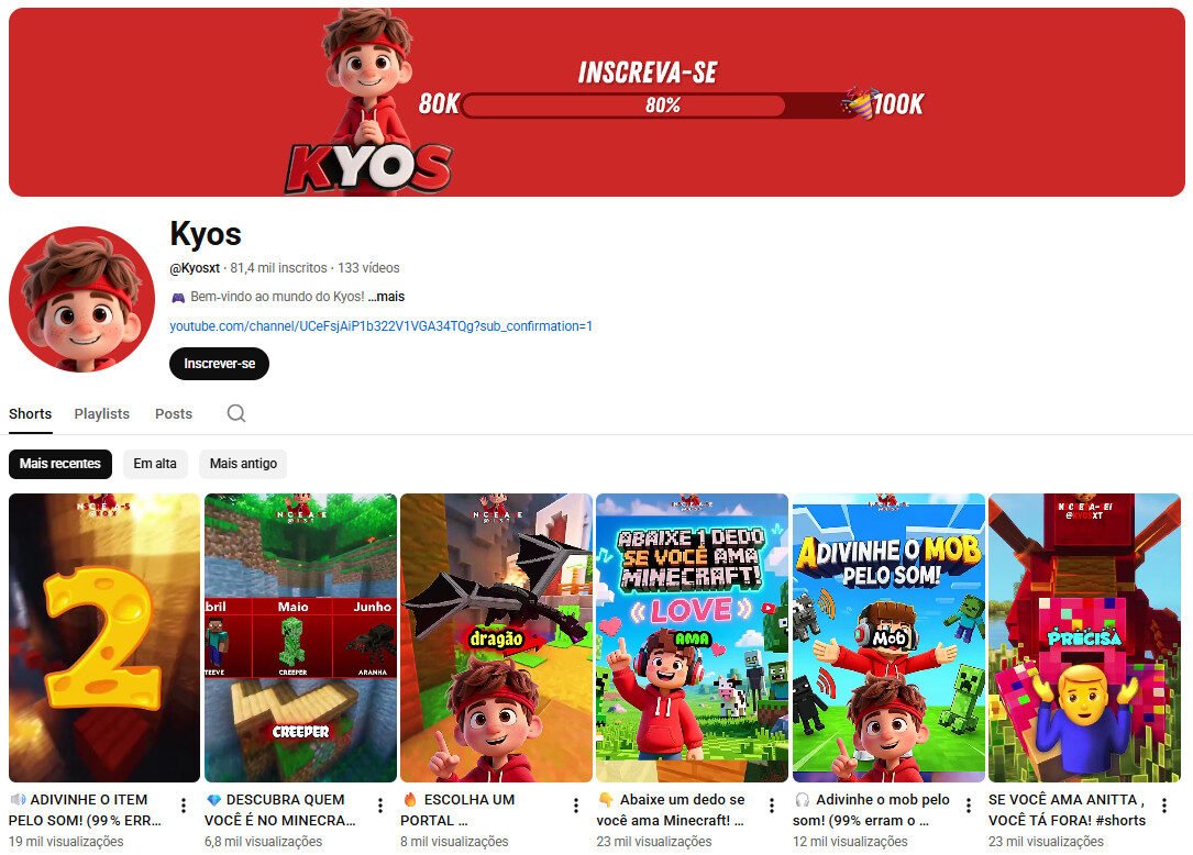 Canal no YouTube à Venda – Kyos (Gaming/Minecraft) – não monetizado com 81 mil inscritos