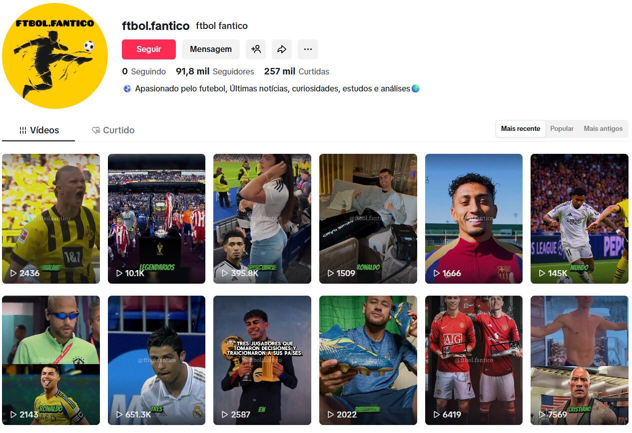 Perfil no tiktok Fanáticos por Futebol – 91 mil inscritos