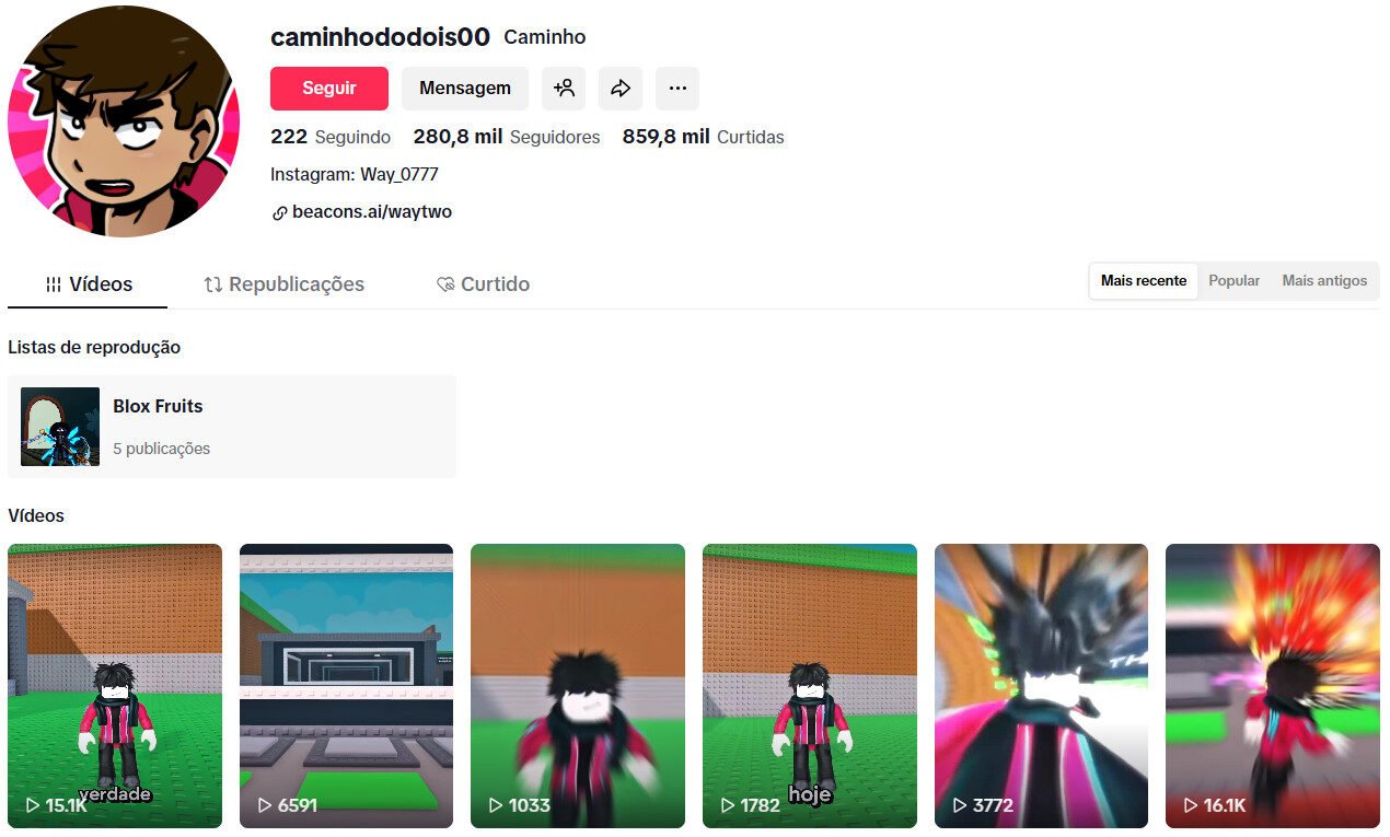 Tiktok “Roblox” com 280 mil seguidores