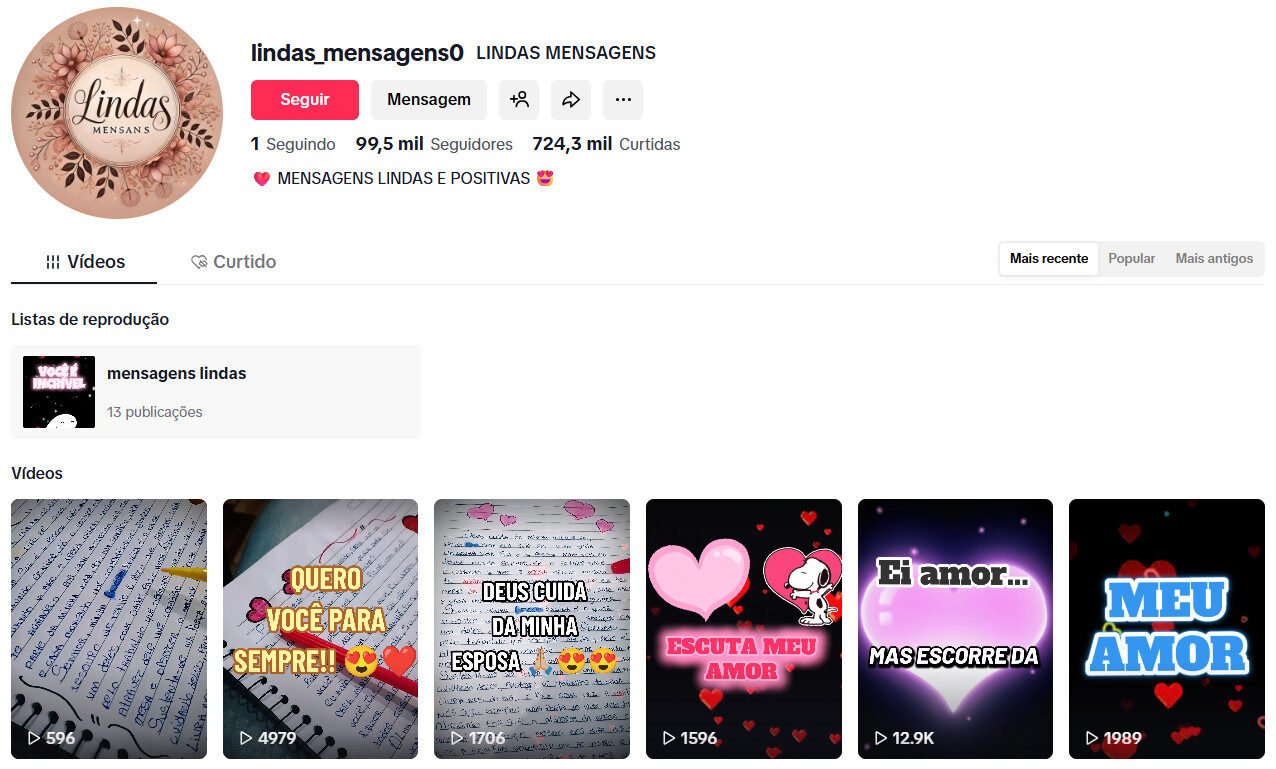 Perfil no tiktok com vídeos de lindas mensagens positivas – 99 mil seguidores