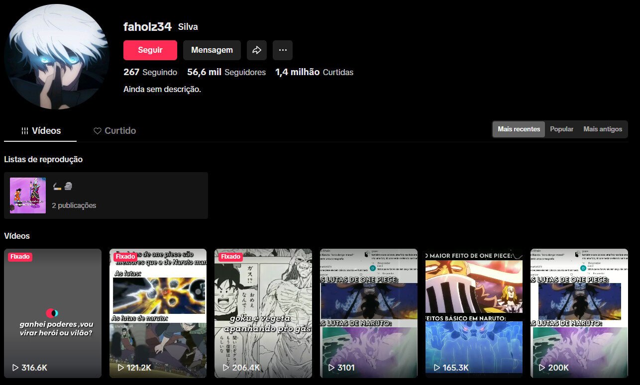 Perfil no tiktok – Anime 56 mil inscritos