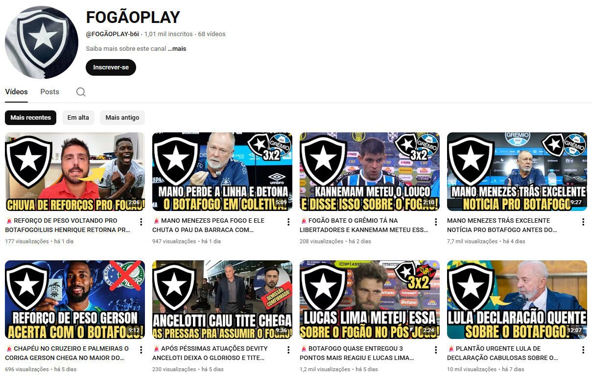 Canal no YouTube à Venda – Notícias do Botafogo – não monetizado 1 mil inscritos