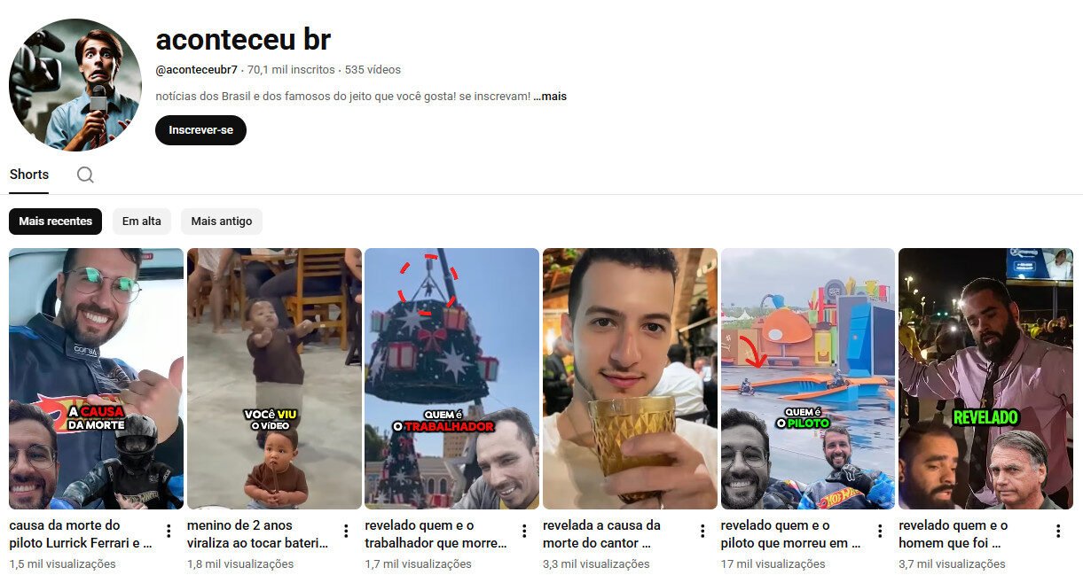 Canal no YouTube 70 mil inscritos – aconteceu br (Notícias e Viral) – não monetizado
