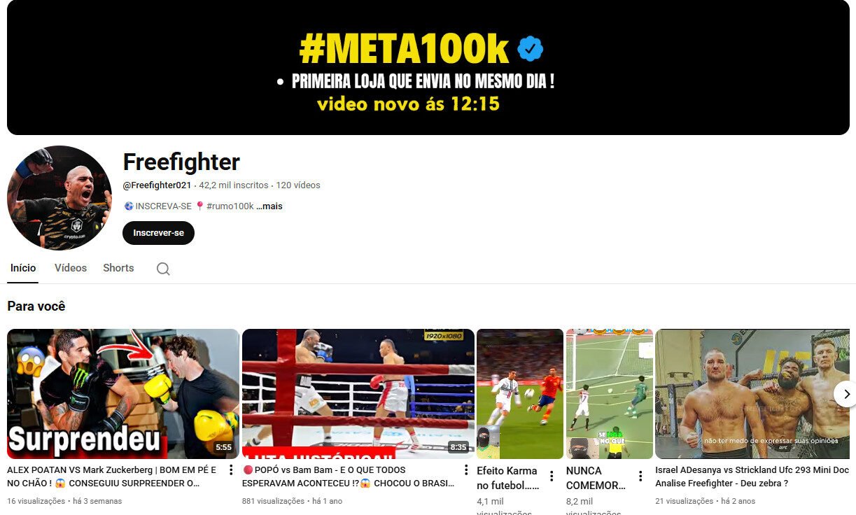 Canal no YouTube 42 mil inscritos – MMA e Lutas – não monetizado