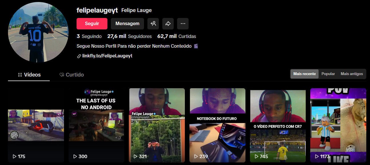 Perfil no TikTok – 27 mil seguidores Gaming e lifestyle