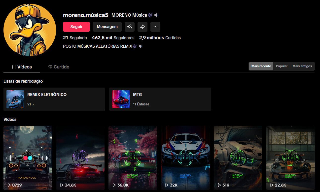 TikTok à venda – perfil de músicas e remixes – 462 mil seguidores