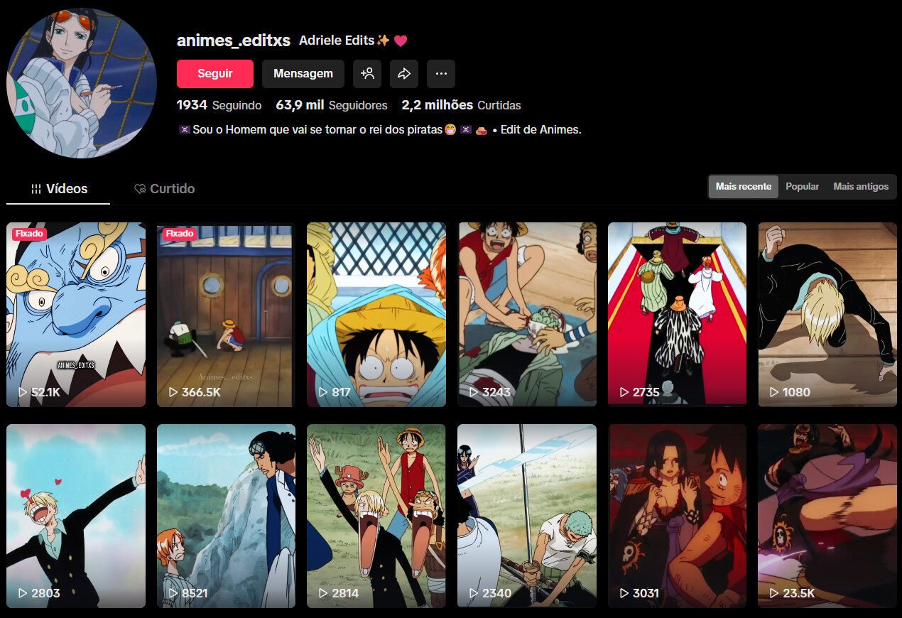 Perfil no tiktok – Anime Edições – 63 mil seguidores