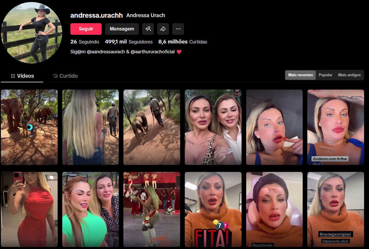 Perfil tiktok sobre Andressa Urach com 499 mil seguidores