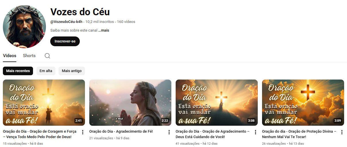 Canal no YouTube 10 mil inscritos – Vozes do Céu (Oração e Fé) – não monetizado