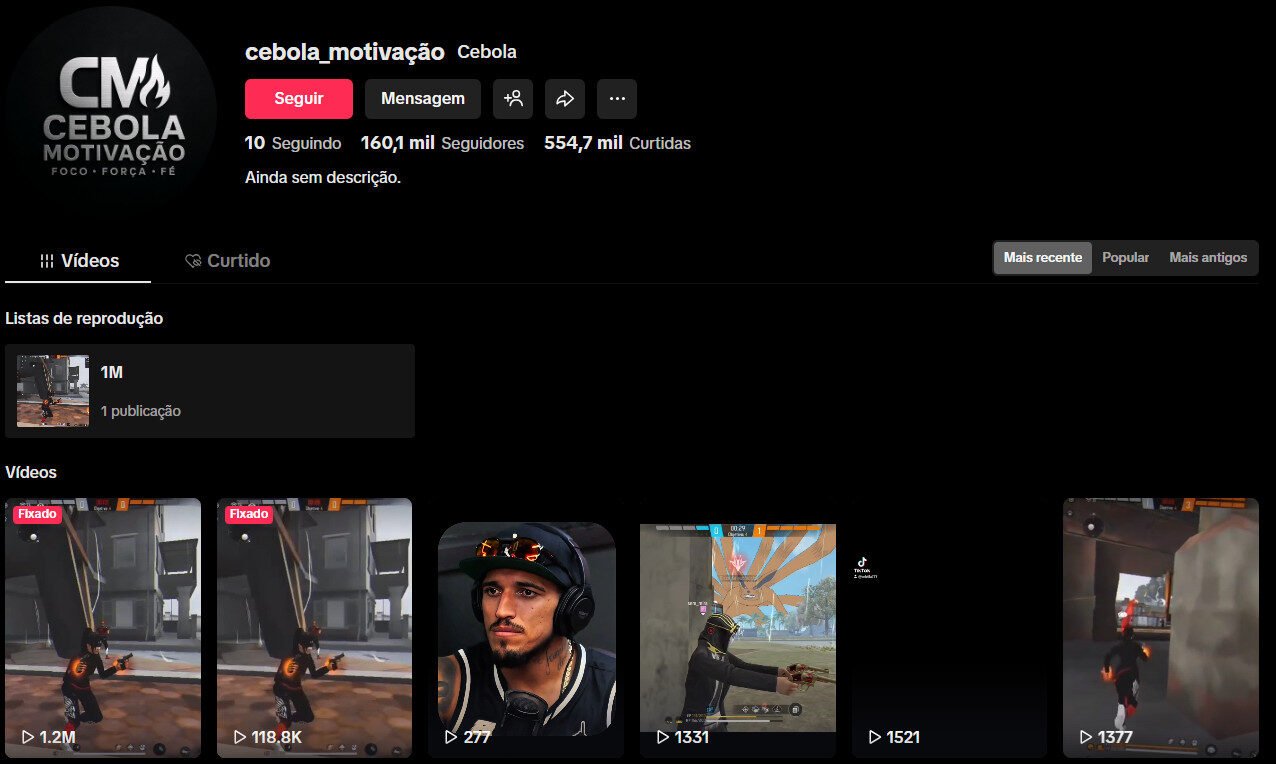 Perfil tiktok 160 mil seguidores – Gaming Free fire, motivação e e-Sports