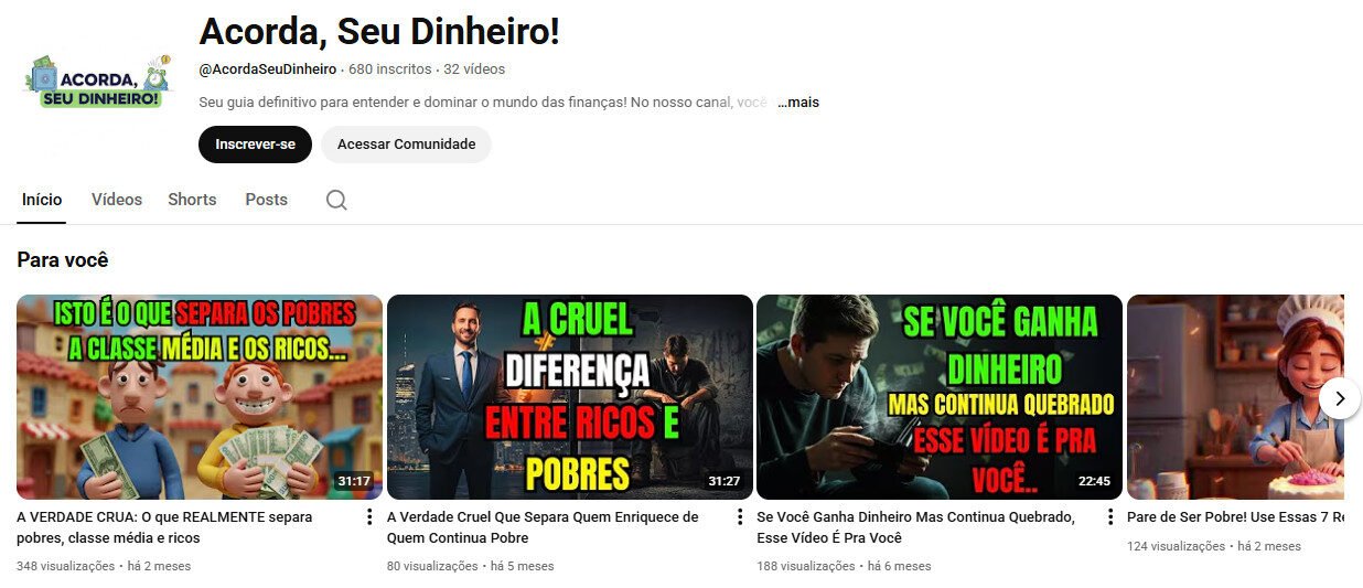 Canal no YouTube à Venda – Acorda, Seu Dinheiro! (Finanças e Riqueza) – não monetizado