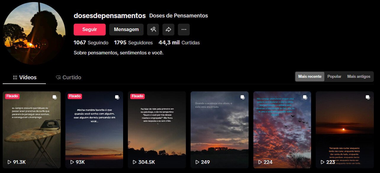 TikTok à venda – Pensamentos e sentimentos reflexivos 1 mil seguidores