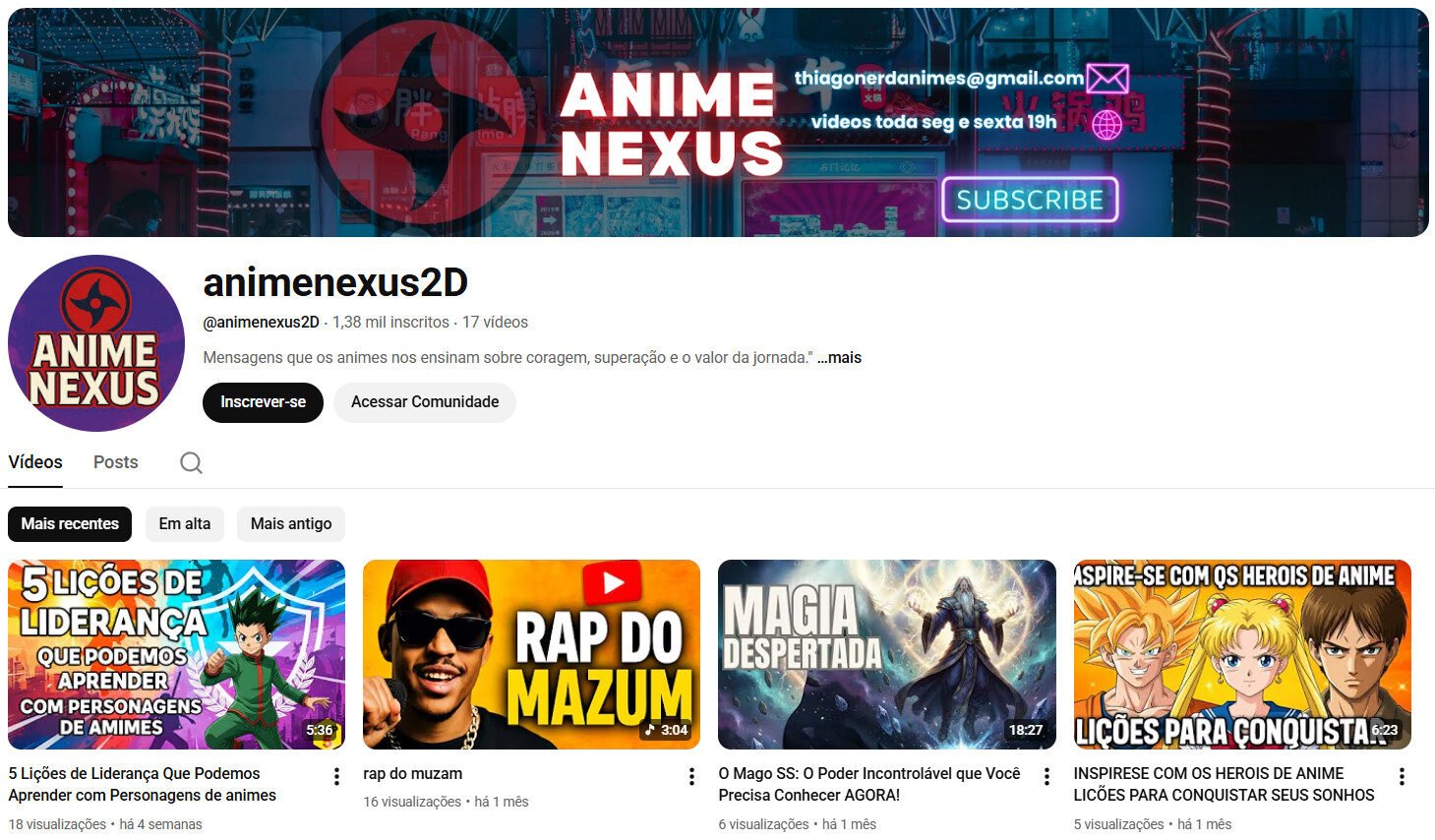 Canal no YouTube à Venda – Anime Nexus (Animes e Desenvolvimento Pessoal) 1 mil inscritos
