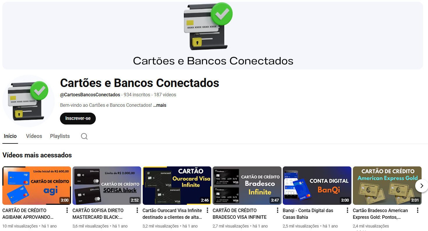 Canal no YouTube à Venda – Cartões e Bancos Conectados (Finanças e Cartões) – não monetizado