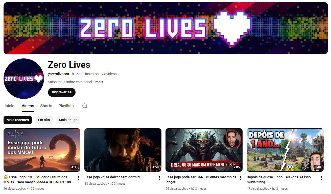 Canal no YouTube à Venda com 81 mil inscritos – Zero Lives (Gaming e Reviews) – não monetizado