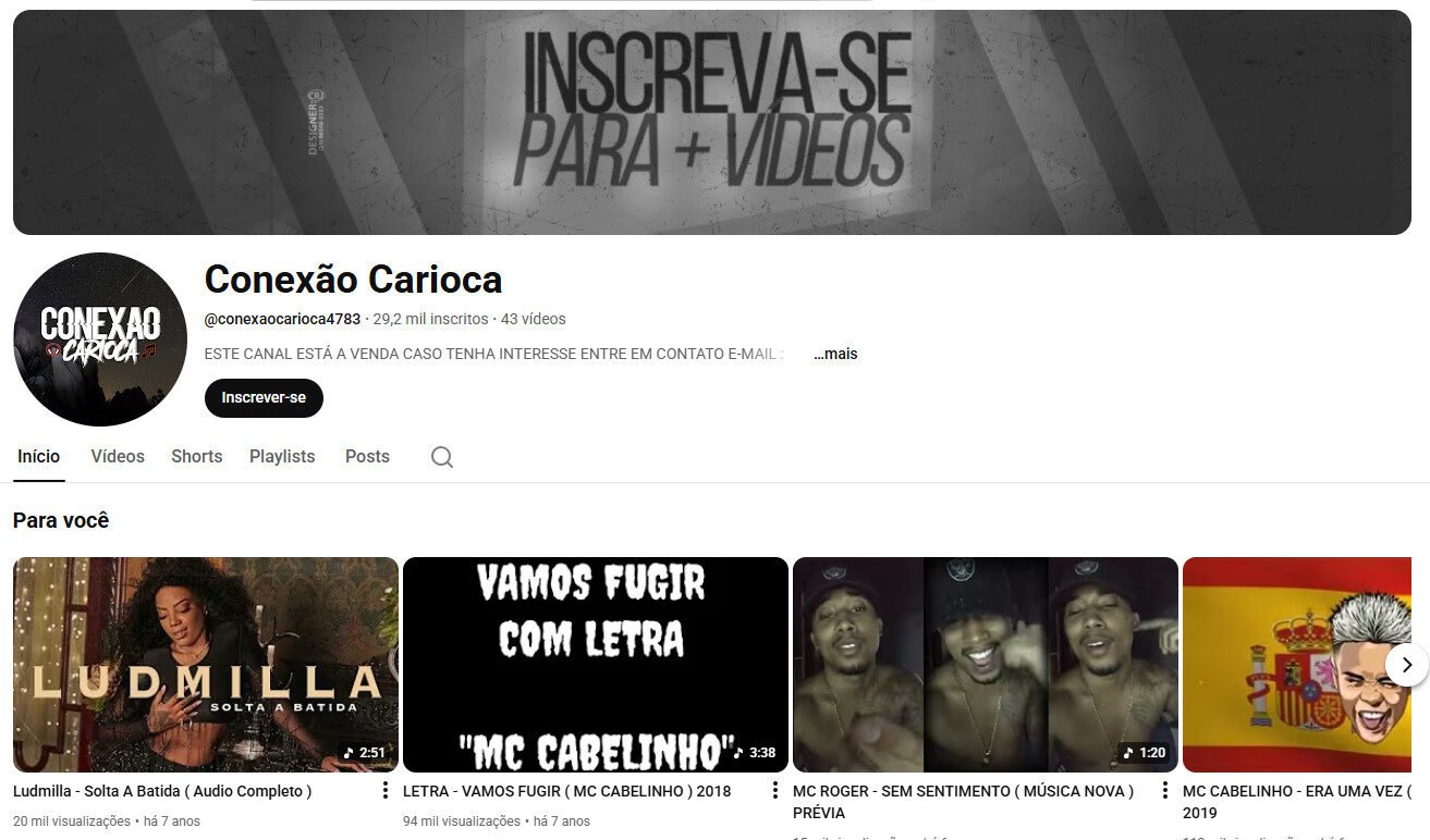 Canal no youtube 29 mil inscritos – Conexão carioca Música e funk / não monetizado