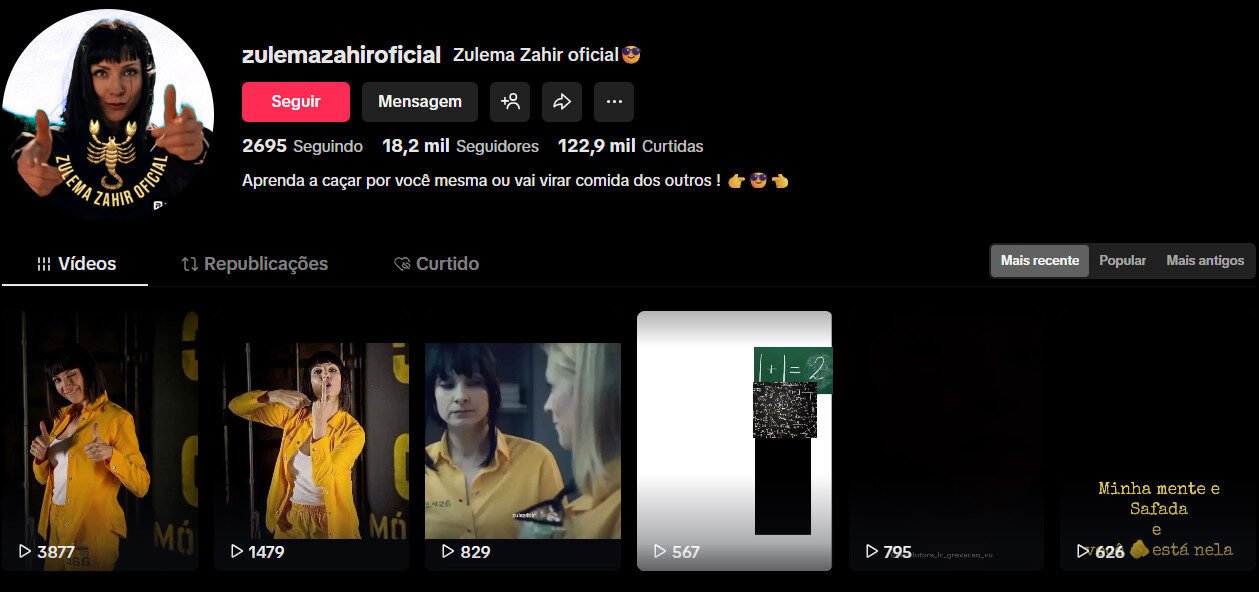 Perfil no tiktok 18 mil seguidores – Cortes de vídeos da Zulema (Vis a Vis)