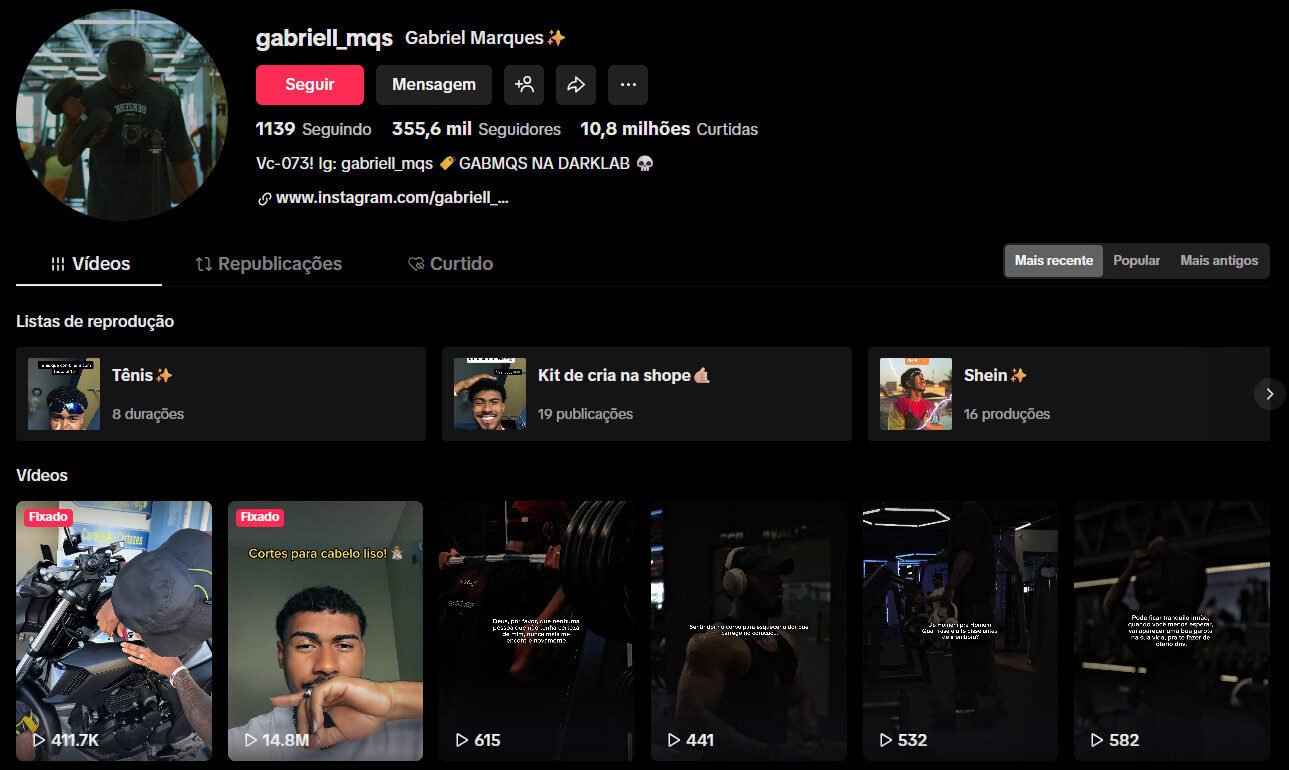 TikTok à venda – Motivação, lifestyle e academia 355 mil seguidores