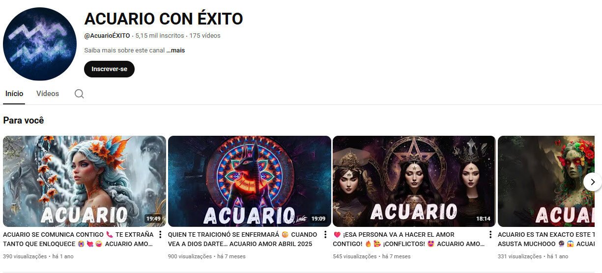 Canal no YouTube (não monetizado) – ACUARIO CON ÉXITO (Astrologia/Aquário) 5 mil inscritos