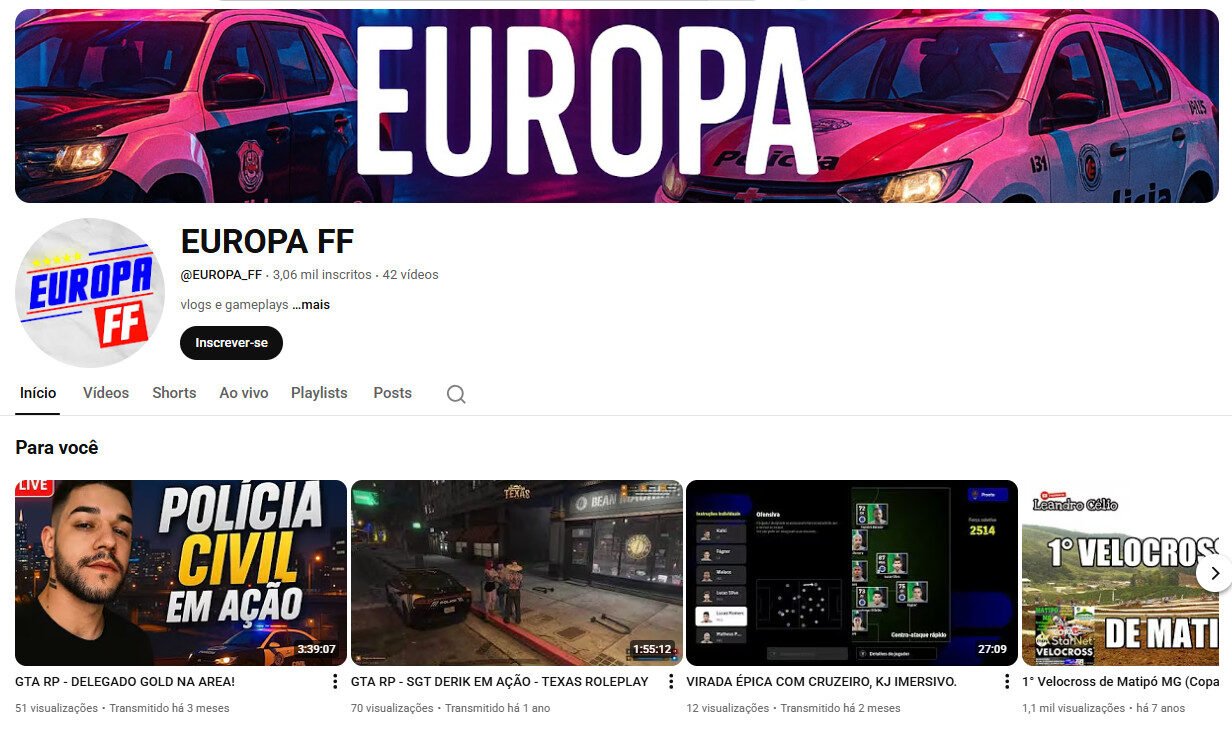 Canal no YouTube à venda (não monetizado) – Gaming/Roleplay 3 mil inscritos