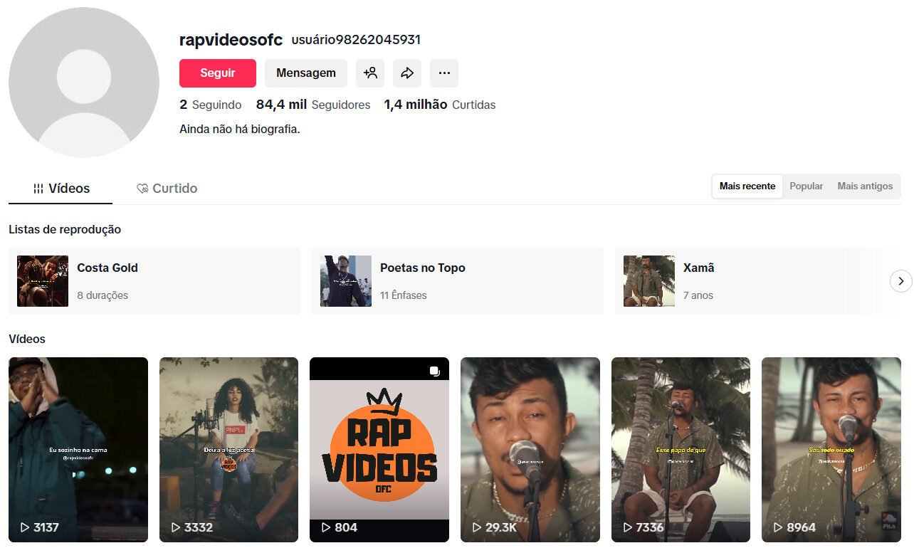 TikTok à venda – Conteúdo de Rap Brasileiro | 84 mil seguidores 