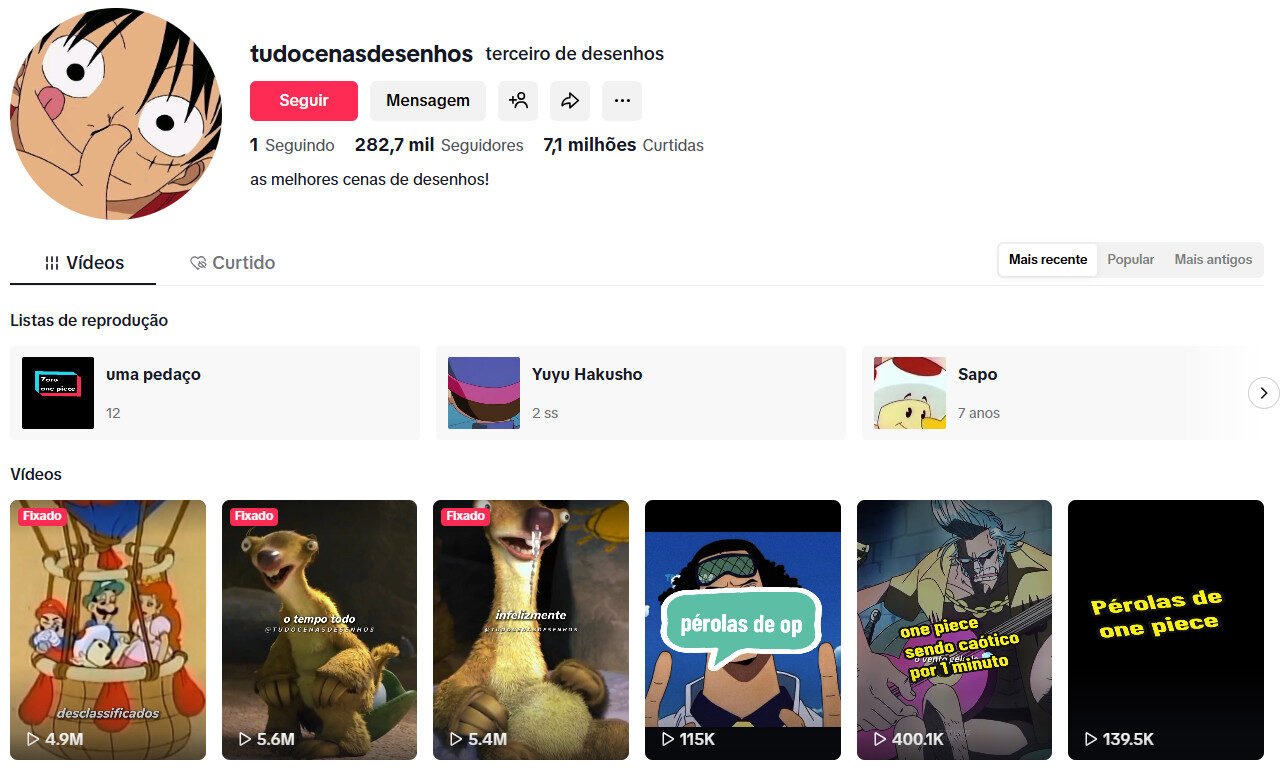 TikTok à venda– tudocenasdesenhos (Cenas e Memes de Animação/Anime) | 282 mil seguidores 