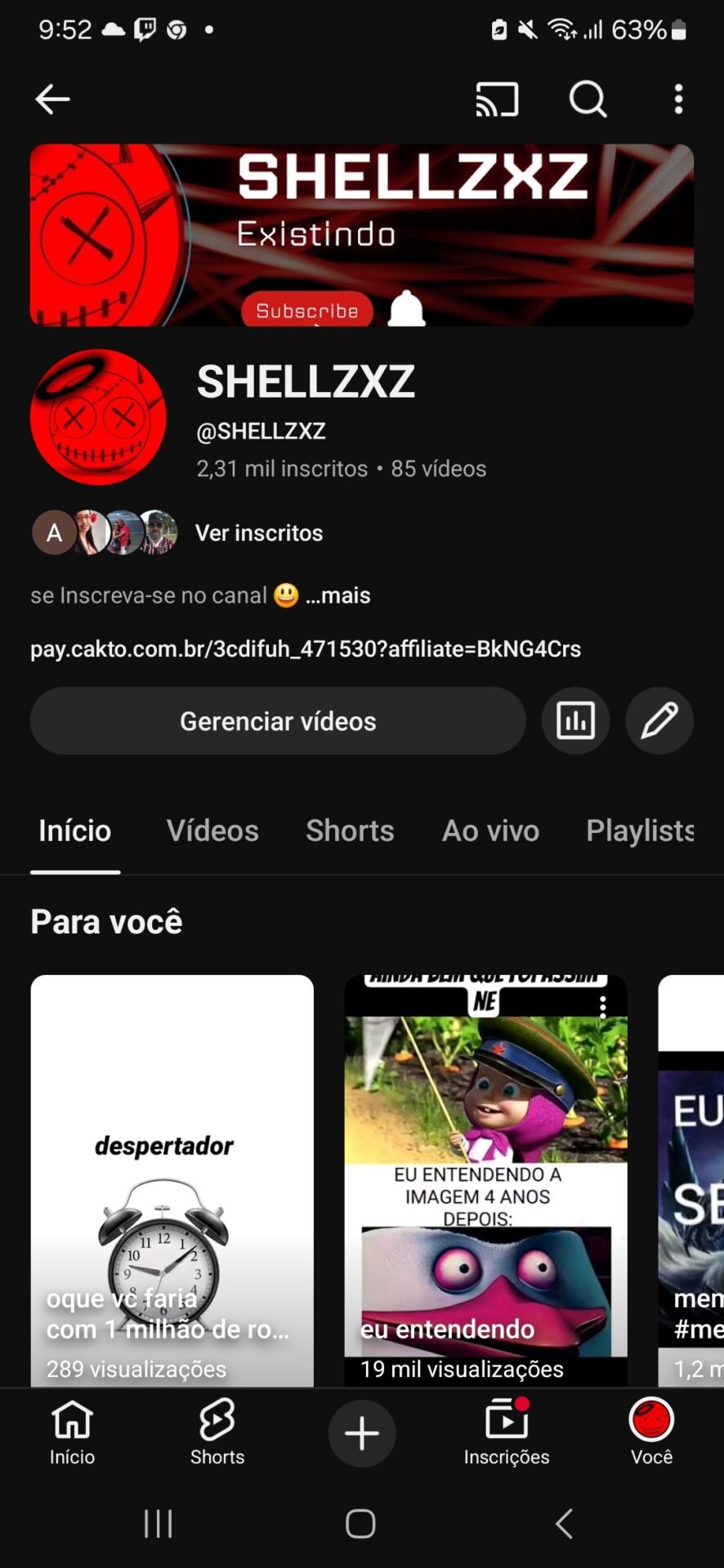 Canal do youtube de Inscritos 2319