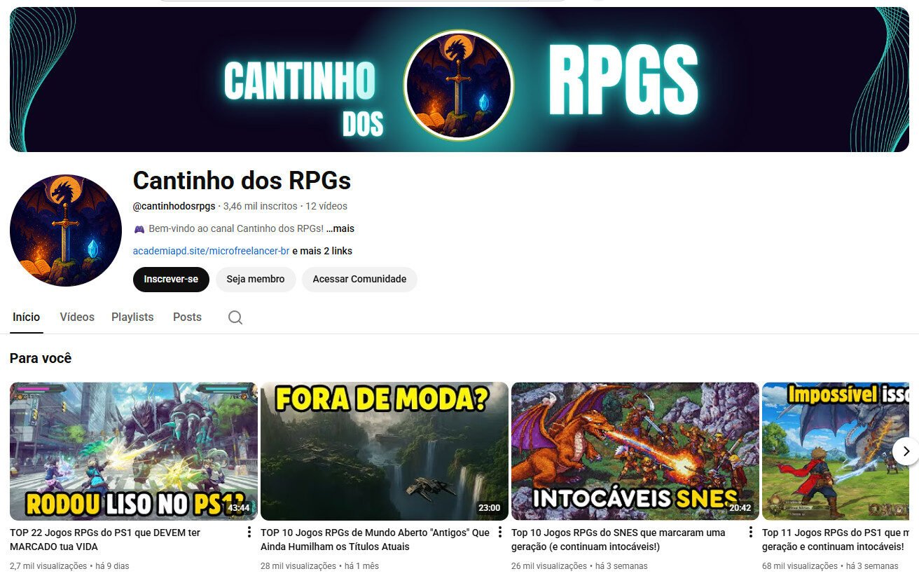 Canal no YouTube à venda – Cantinho dos RPGs (Jogos de RPG)