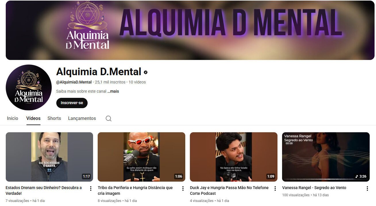 Canal no YouTube (não monetizado) à venda – Alquimia D.Mental (Mentalidade e Finanças) 25 mil inscritos