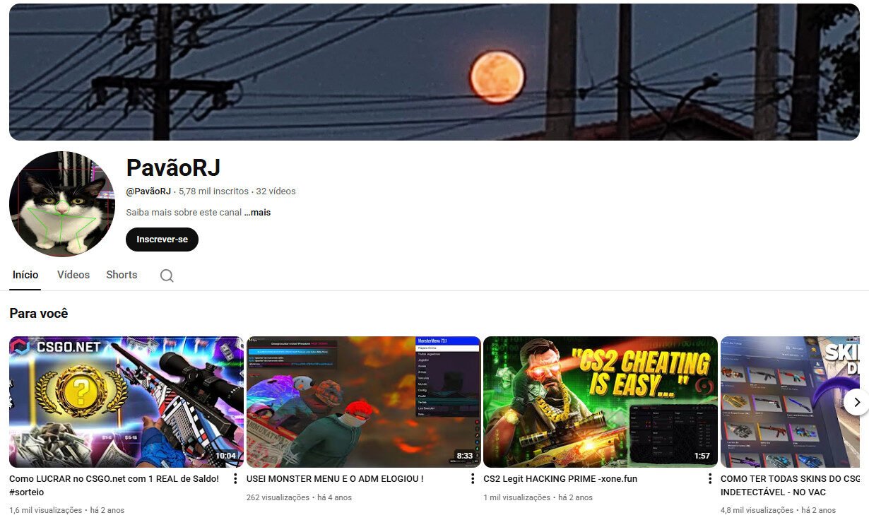Canal no YouTube (não monetizado) à venda – PavãoRJ (Gaming/Hacks/Mods) 5 mil inscritos