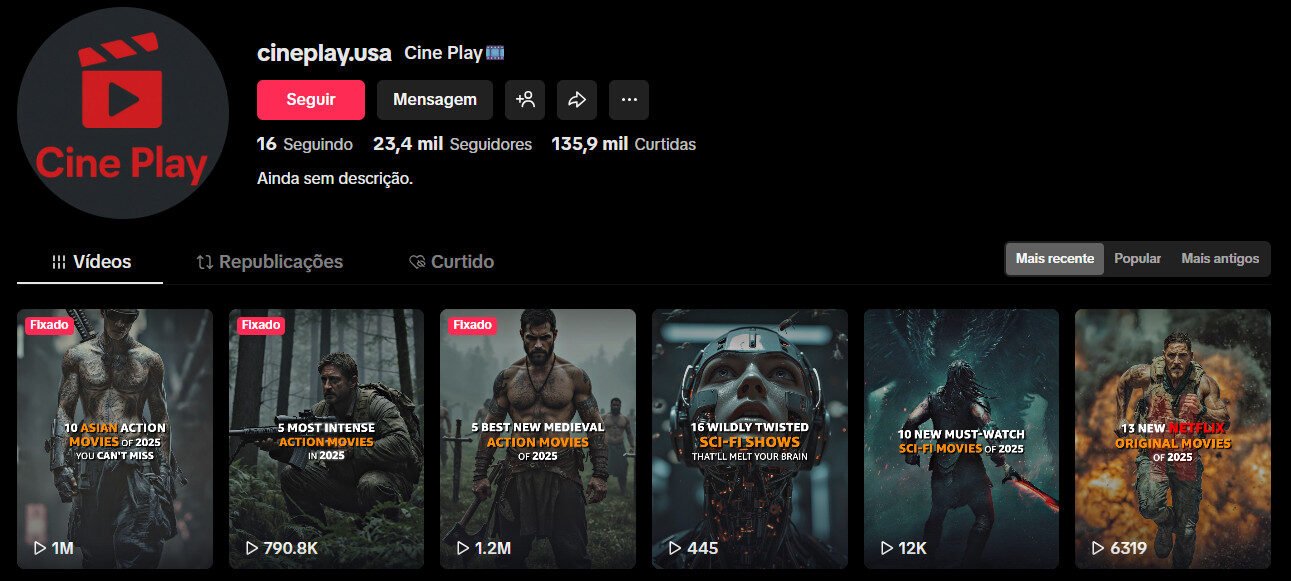 Perfil no TikTok à venda– cineplay.usa (Filmes/Séries e Rankings) | 23 mil seguidores