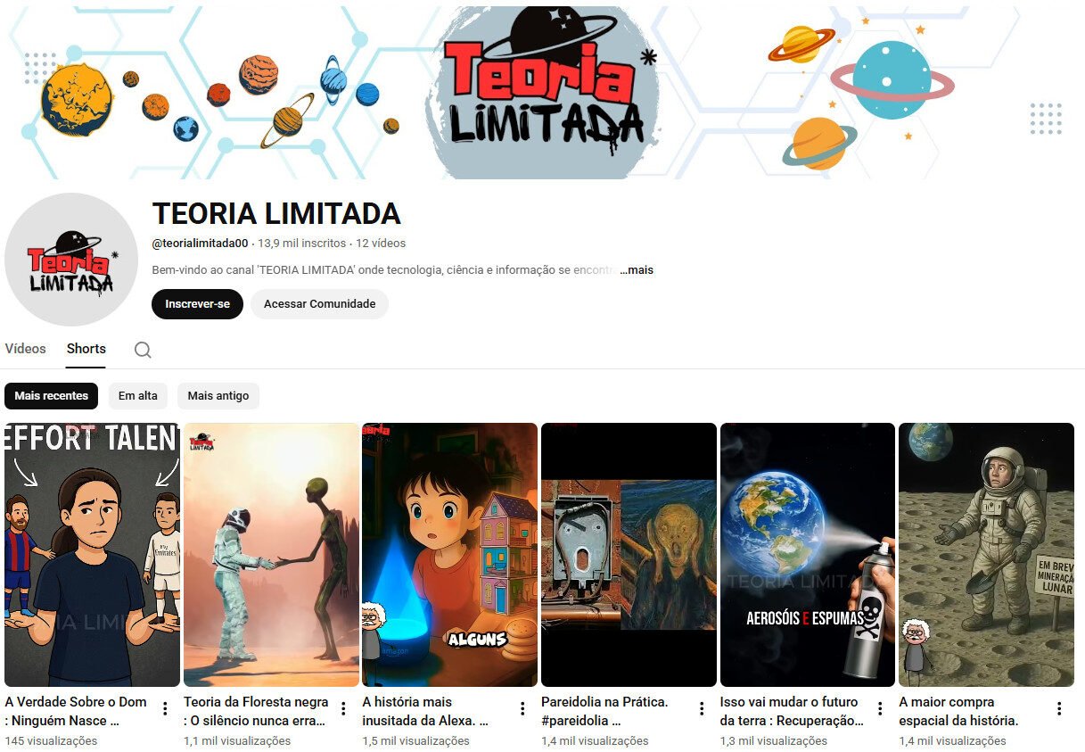 Canal no YouTube (não monetizado) à venda – TEORIA LIMITADA (Ciência/Tecnologia) 13 mil inscritos