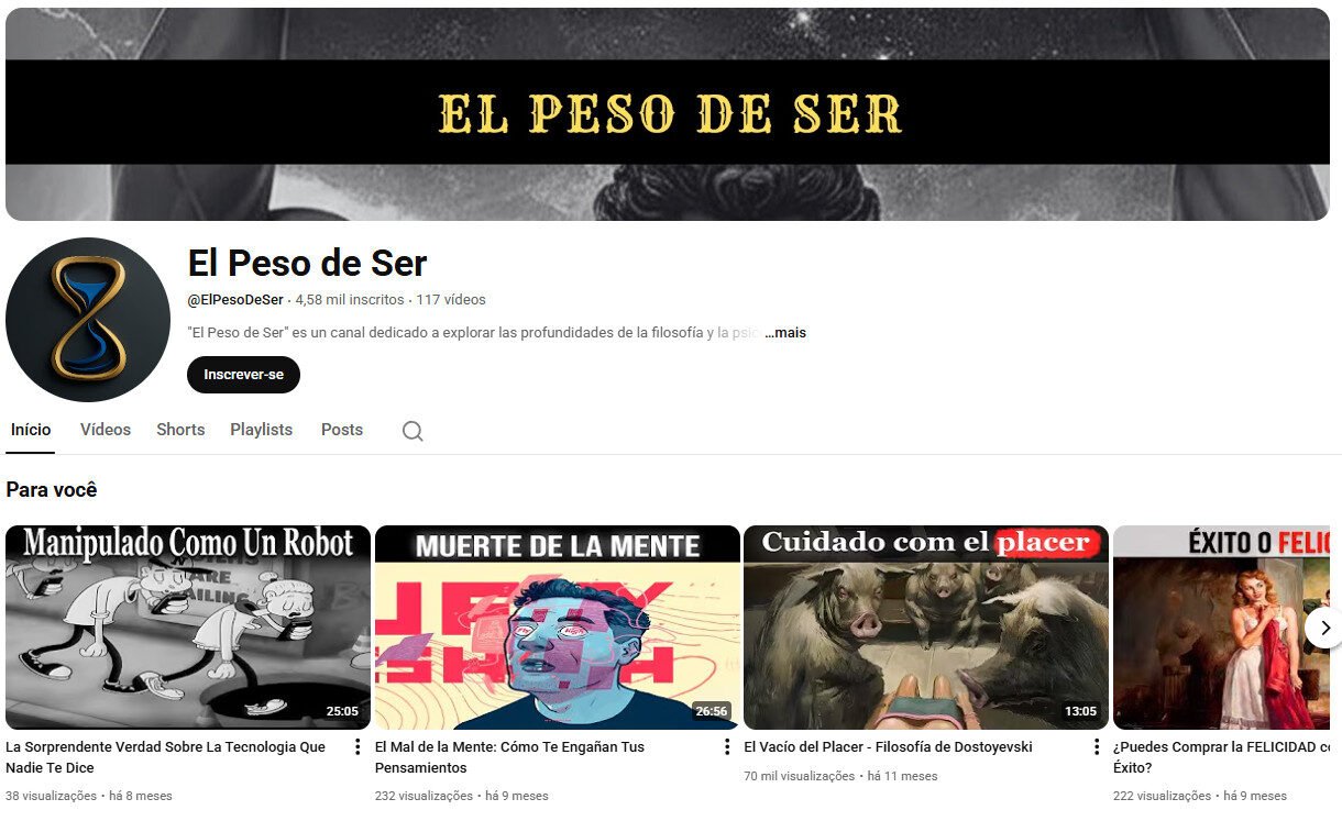 Canal no YouTube espanhol à venda – El Peso de Ser (Filosofia/Psicanálise) – 4 mil inscritos